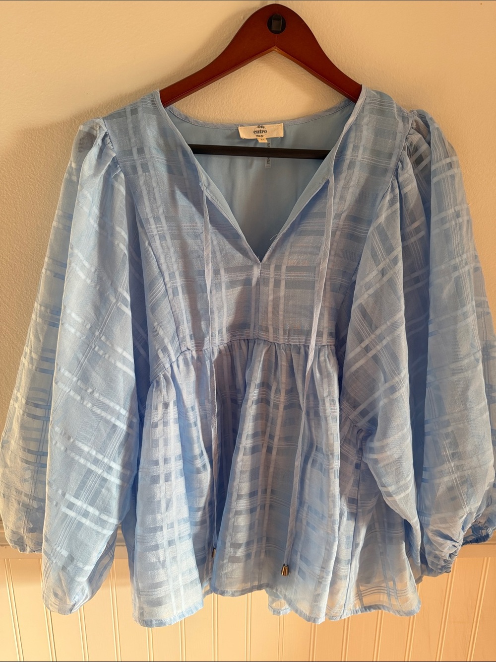 entro Light Blue Plaid V-Neck Top